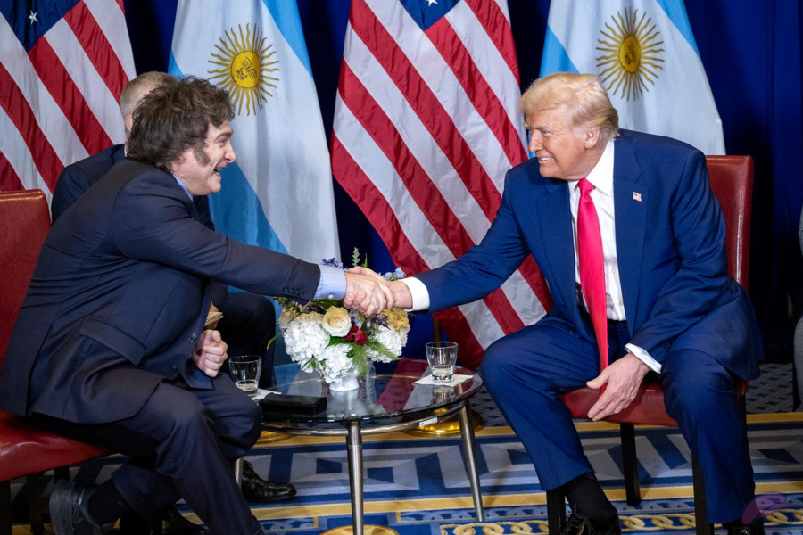 President Donald Trump meets with Argentina’s President Javier Milei at the Gaylord National Resort & Convention Center in Oxon Hill, Maryland, on Saturday, February 22, 2025. (Official White House Photo by Molly Riley)